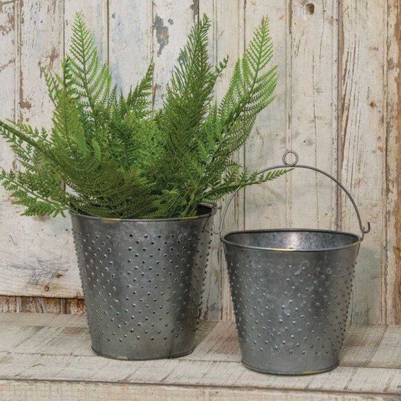 Galvanized Metal Punched Buckets Set of 2  New item Primitive - Picture 3 of 3